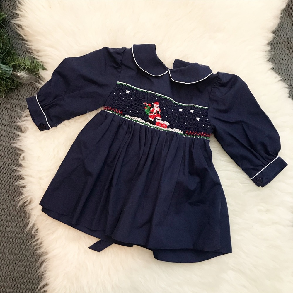 Sweet Angela Santa Smocked Pleated Dress Navy Blue